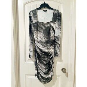 Bebe Square Neck Mesh Long Sleeves Ruched  MIDI Dress Black/White Size XL